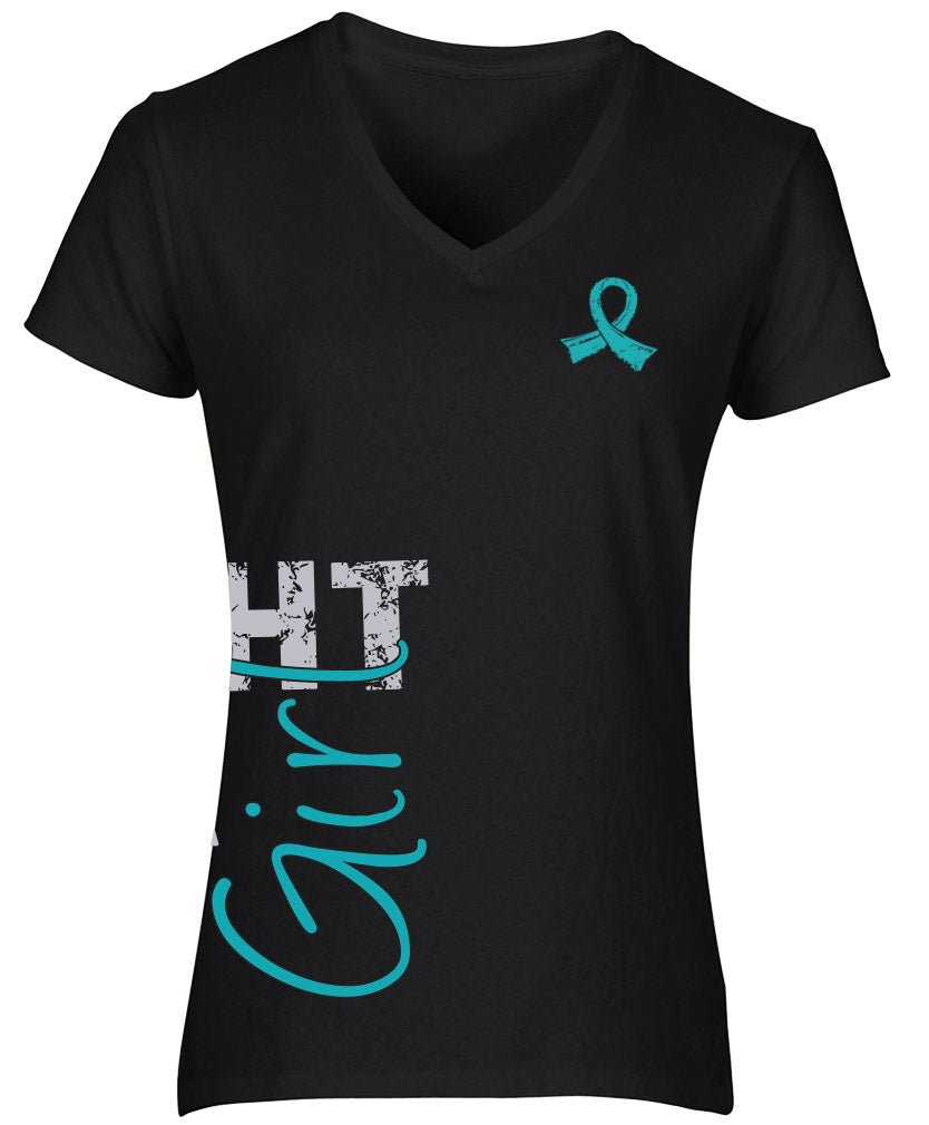 "Fight Like a Girl Side Wrap" Ladies V-Neck T-Shirt - Black w/ Teal