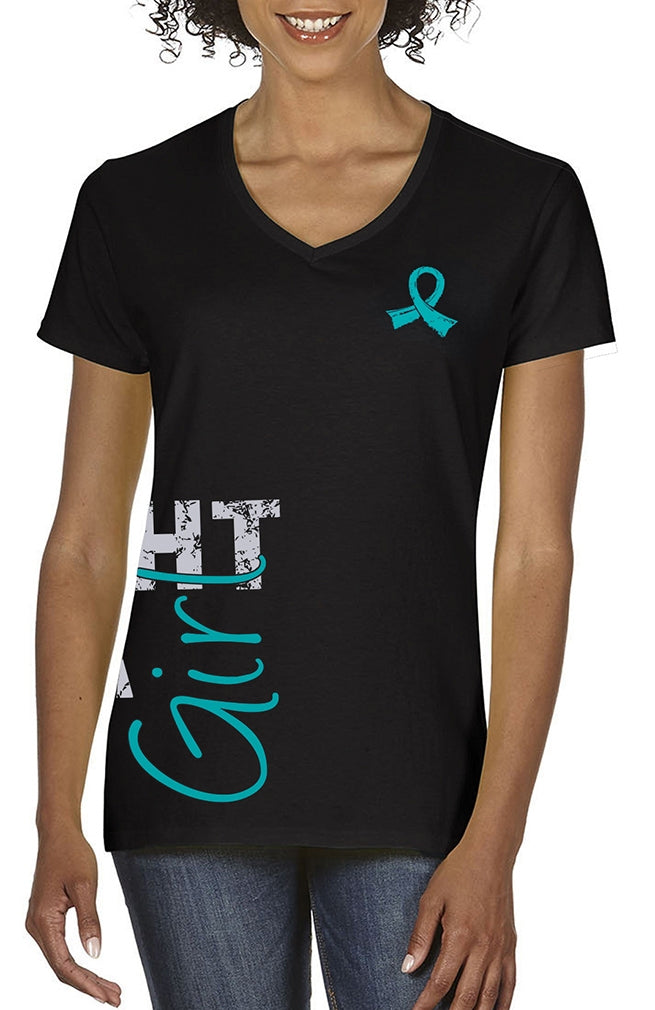 "Fight Like a Girl Side Wrap" Ladies V-Neck T-Shirt - Black w/ Teal