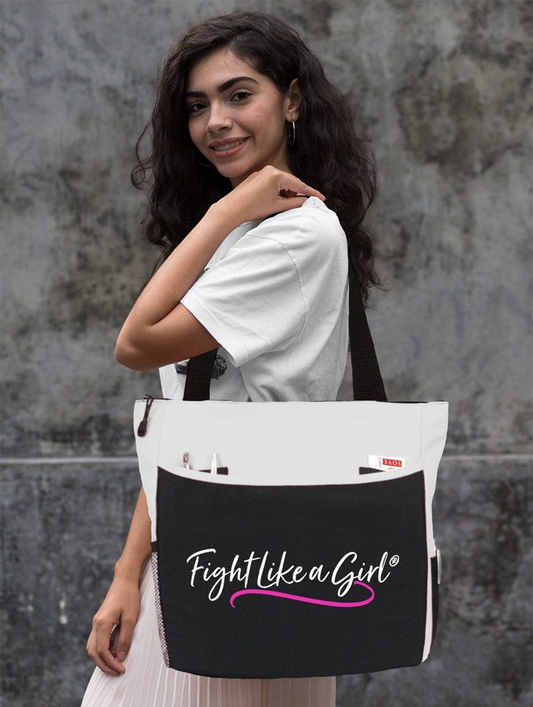 "Fight Like a Girl Script" Dakota Tote Bag - White