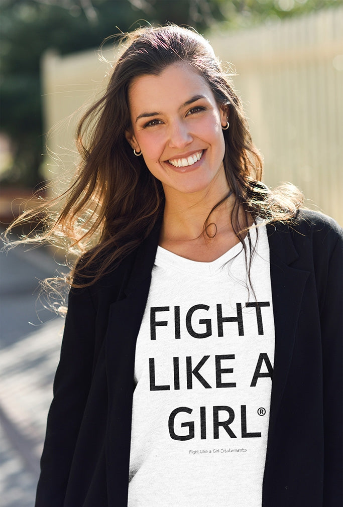 "Fight Like a Girl Statements" Ladies' V-Neck T-Shirt - White Frost