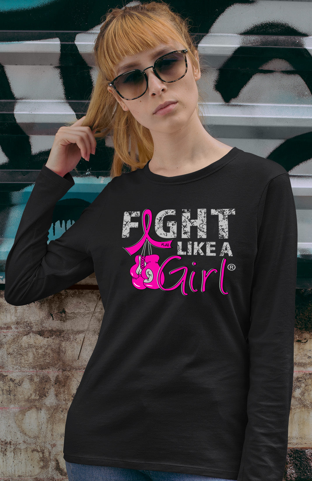 Fight Like a Girl Knockout Women's Long Sleeve T-Shirt - Black w/ Pink