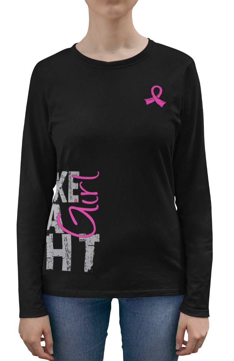 Woman wearing a black women's fit long sleeve t-shirt with the Fight Like a Girl Side Wrap design in pink printed on it.