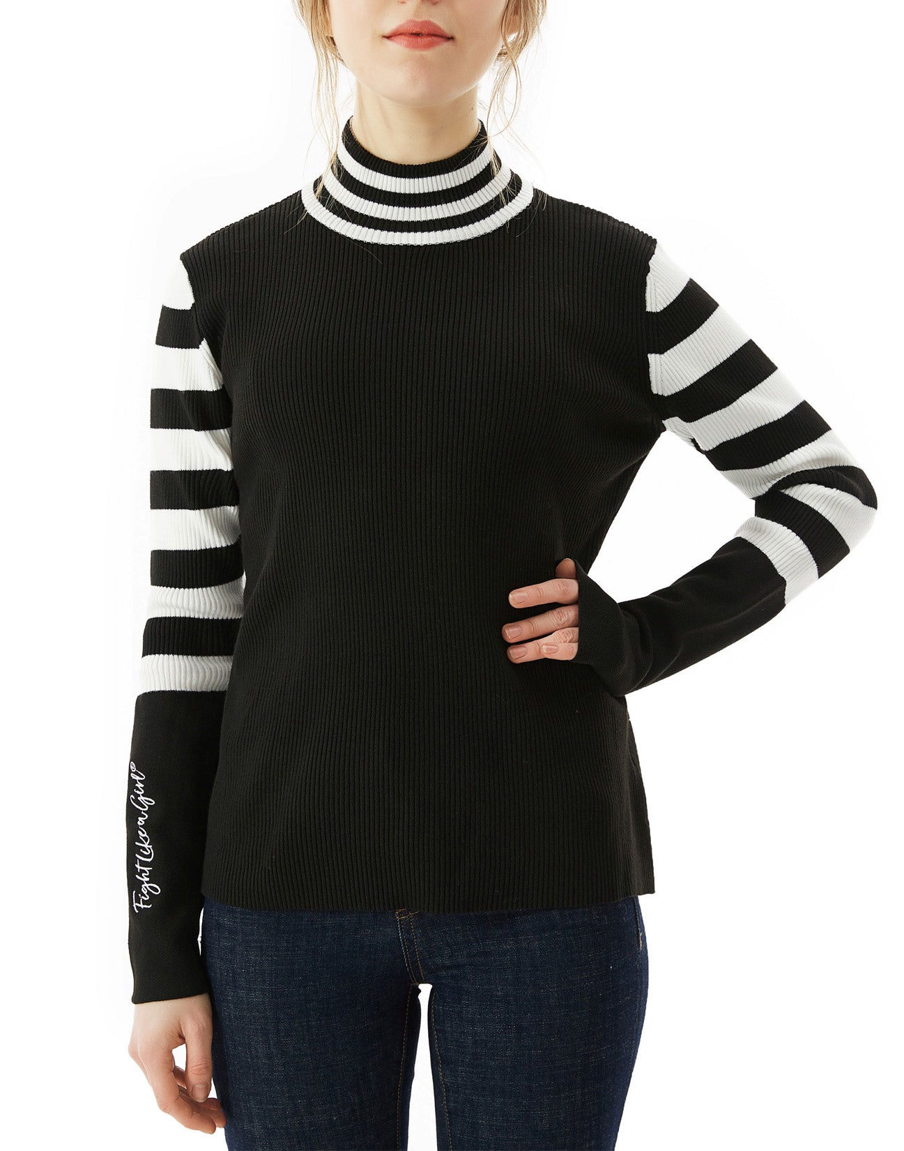Fight Like a Girl Script Women's Mock Neck Sweater - Black