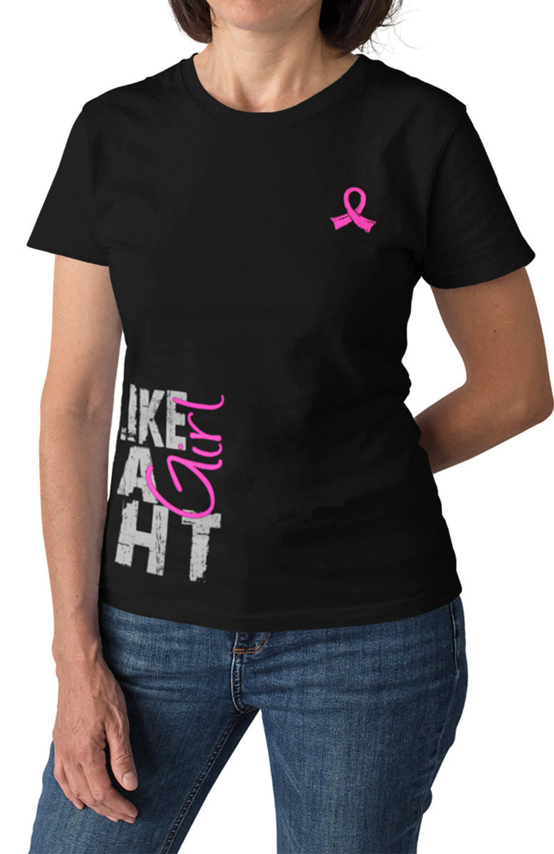 Woman wearing a black women's fit t-shirt with the Fight Like a Girl Side Wrap design in pink printed on it.