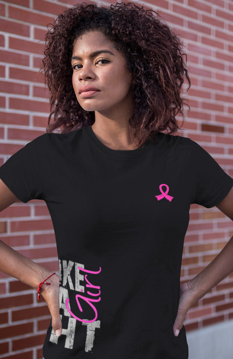 Woman wearing a black women's fit t-shirt with the Fight Like a Girl Side Wrap design in pink printed on it.