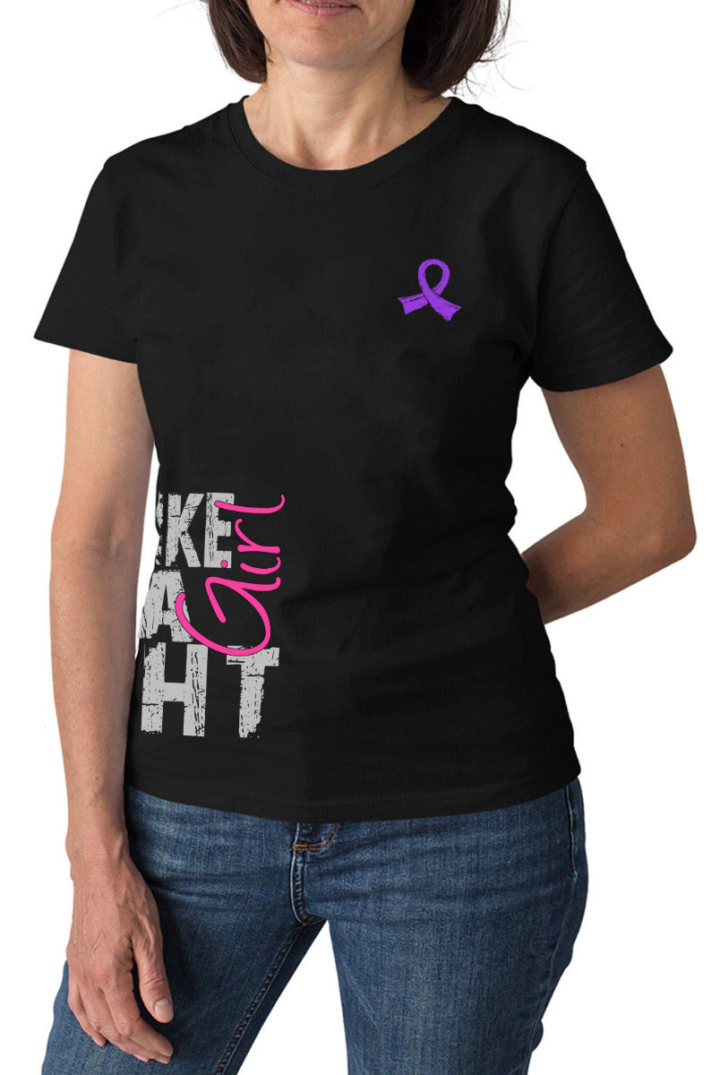 Woman wearing a black women's fit t-shirt with the Fight Like a Girl Side Wrap design in purple and pink printed on it.