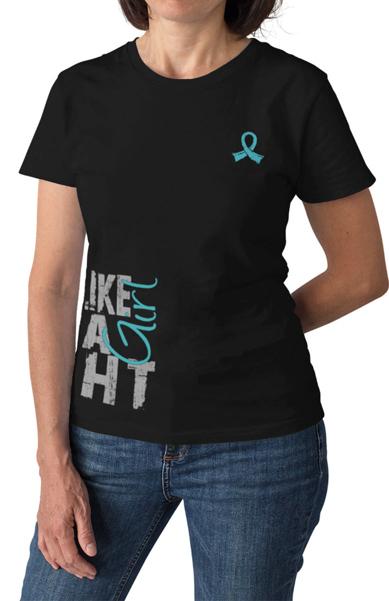 Woman wearing a black women's fit t-shirt with the Fight Like a Girl Side Wrap design in teal printed on it.