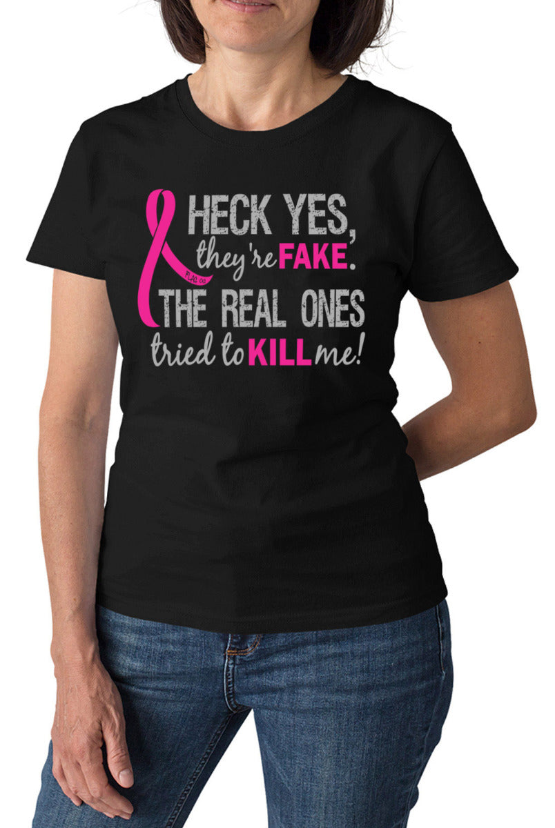 Woman wearing a black women's fit t-shirt with the Heck Yes They're Fake design printed on it.