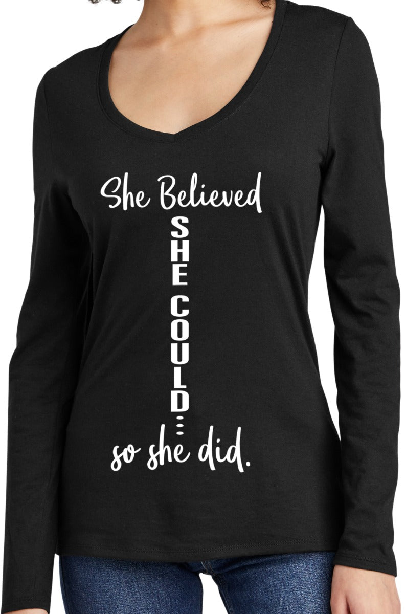 She Believed She Could Women's Tri-Blend Long Sleeve V-Neck T-Shirt - Black
