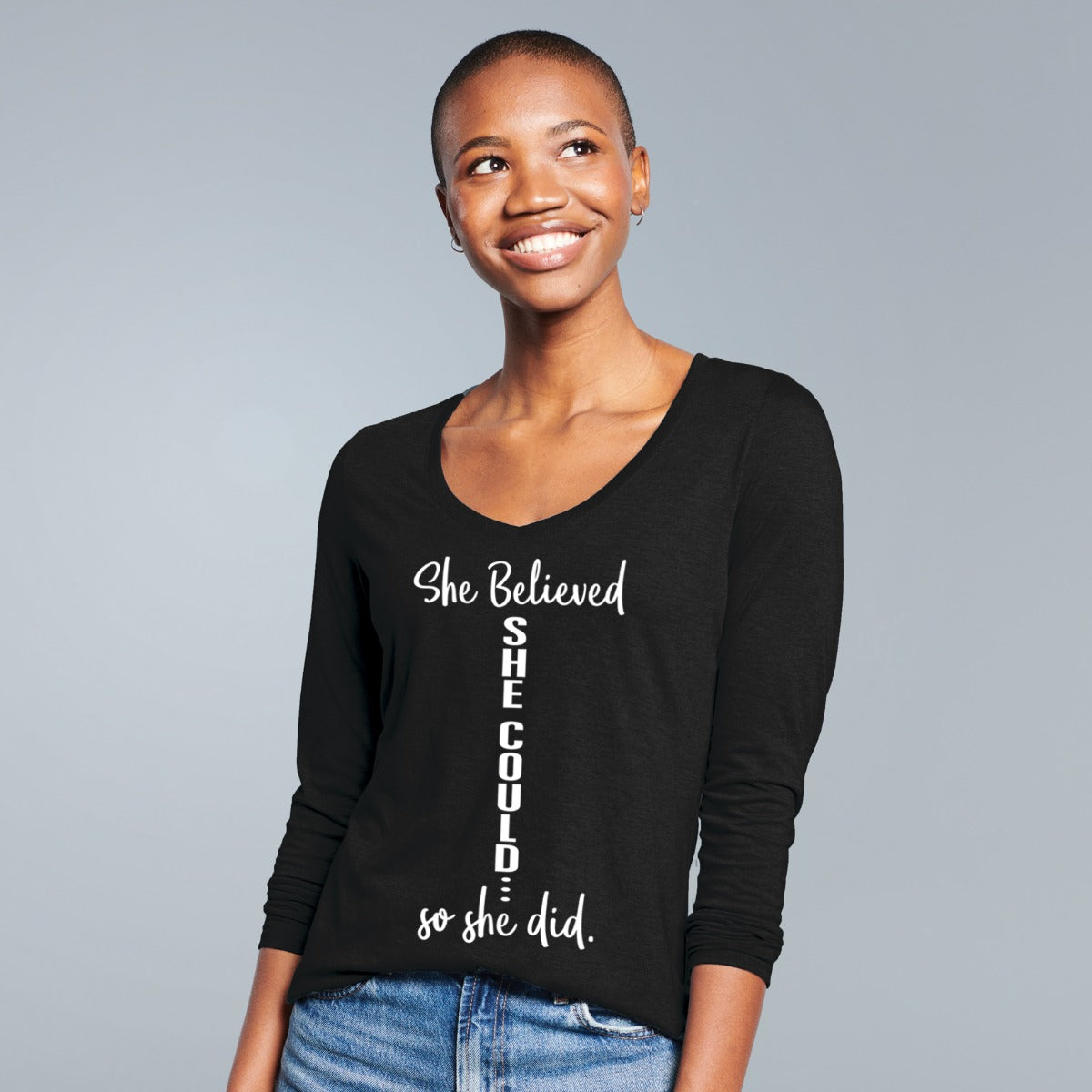 She Believed She Could Women's Tri-Blend Long Sleeve V-Neck T-Shirt - Black
