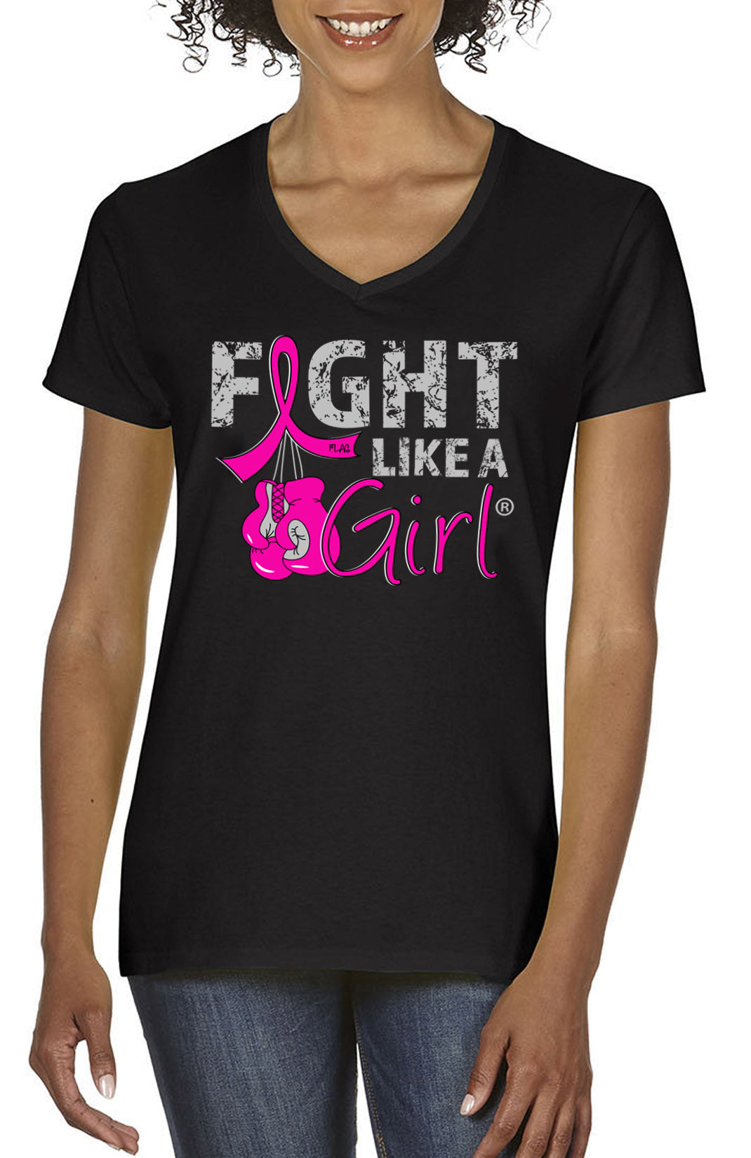 Fight Like a Girl Knockout Women's V-Neck T-Shirt - Black w/ Pink