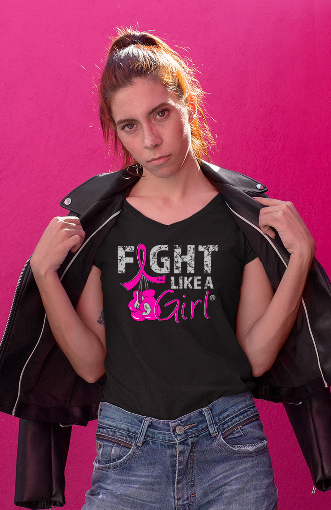 Fight Like a Girl Knockout Women's V-Neck T-Shirt - Black w/ Pink