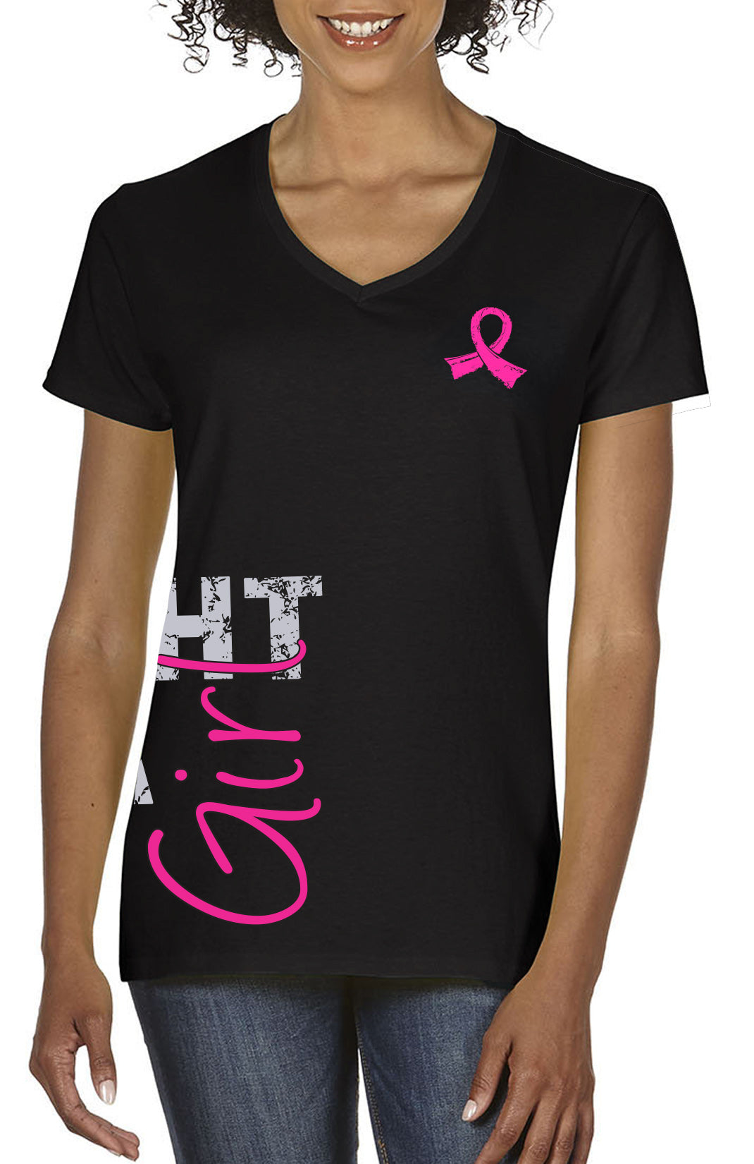 Fight Like a Girl Side Wrap Women's V-Neck T-Shirt - Black w/ Pink