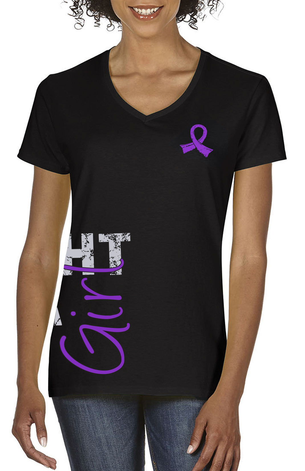 Fight Like a Girl Side Wrap Women's V-Neck T-Shirt - Black w/ Purple