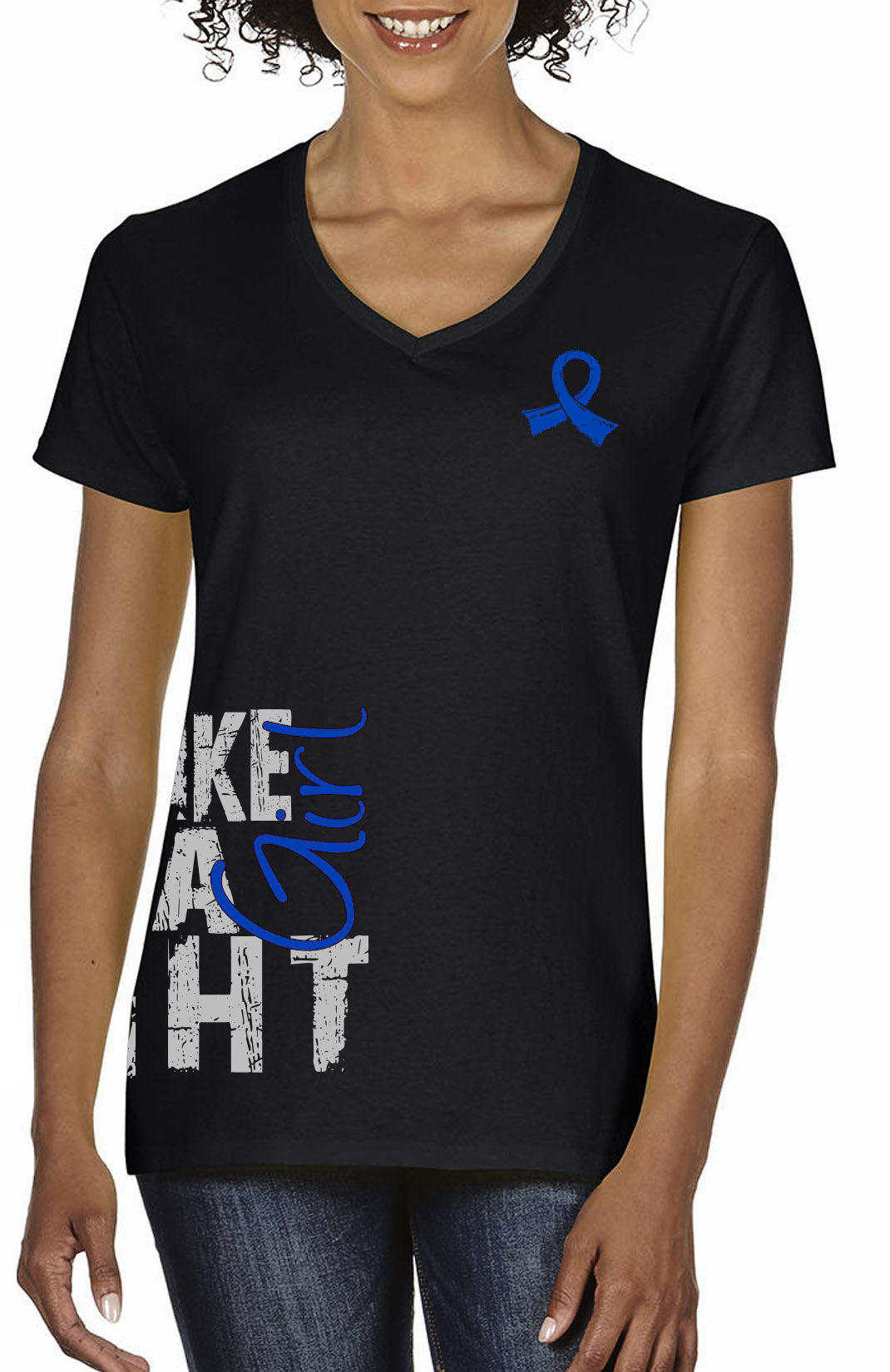 Fight Like a Girl Side Wrap v1 Women's V-Neck T-Shirt - Black w/ Blue