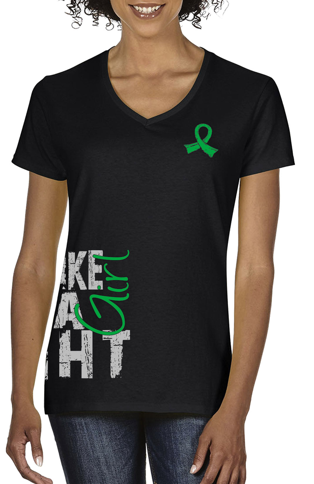 Fight Like a Girl Side Wrap v1 Women's V-Neck T-Shirt - Black w/ Green