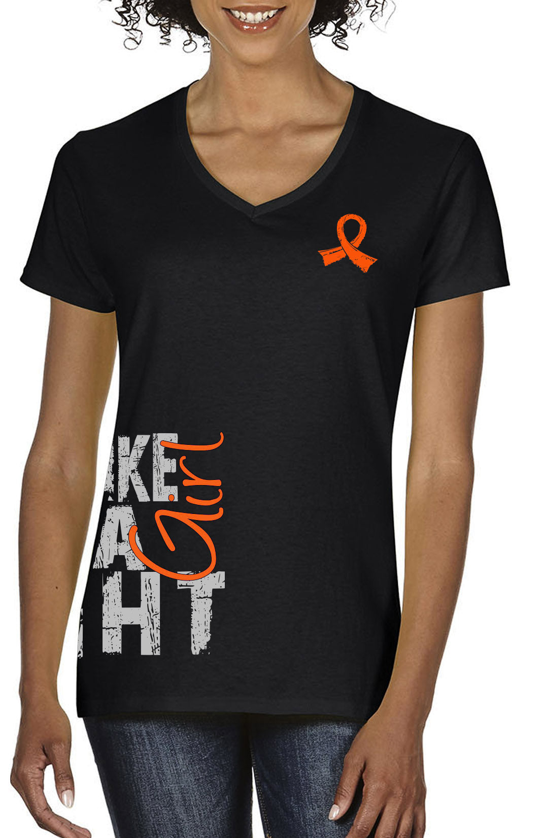 Fight Like a Girl Side Wrap v1 Women's V-Neck T-Shirt - Black w/ Orange