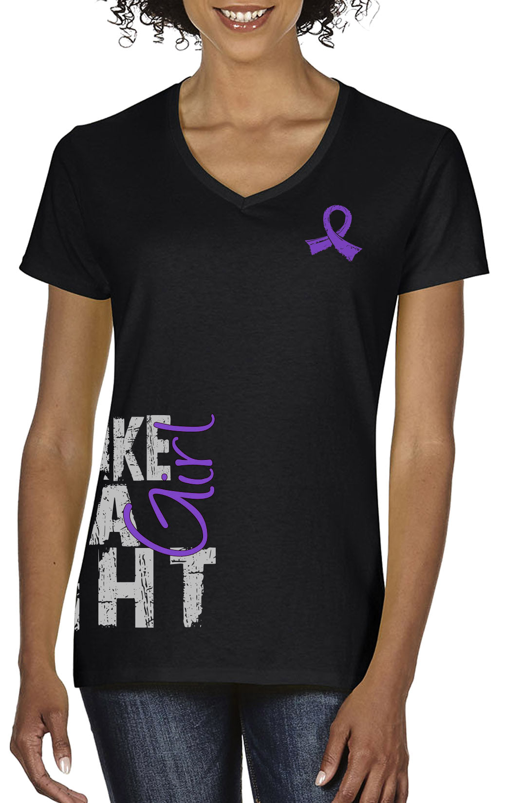 Fight Like a Girl Side Wrap v1 Women's V-Neck T-Shirt - Black w/ Purple