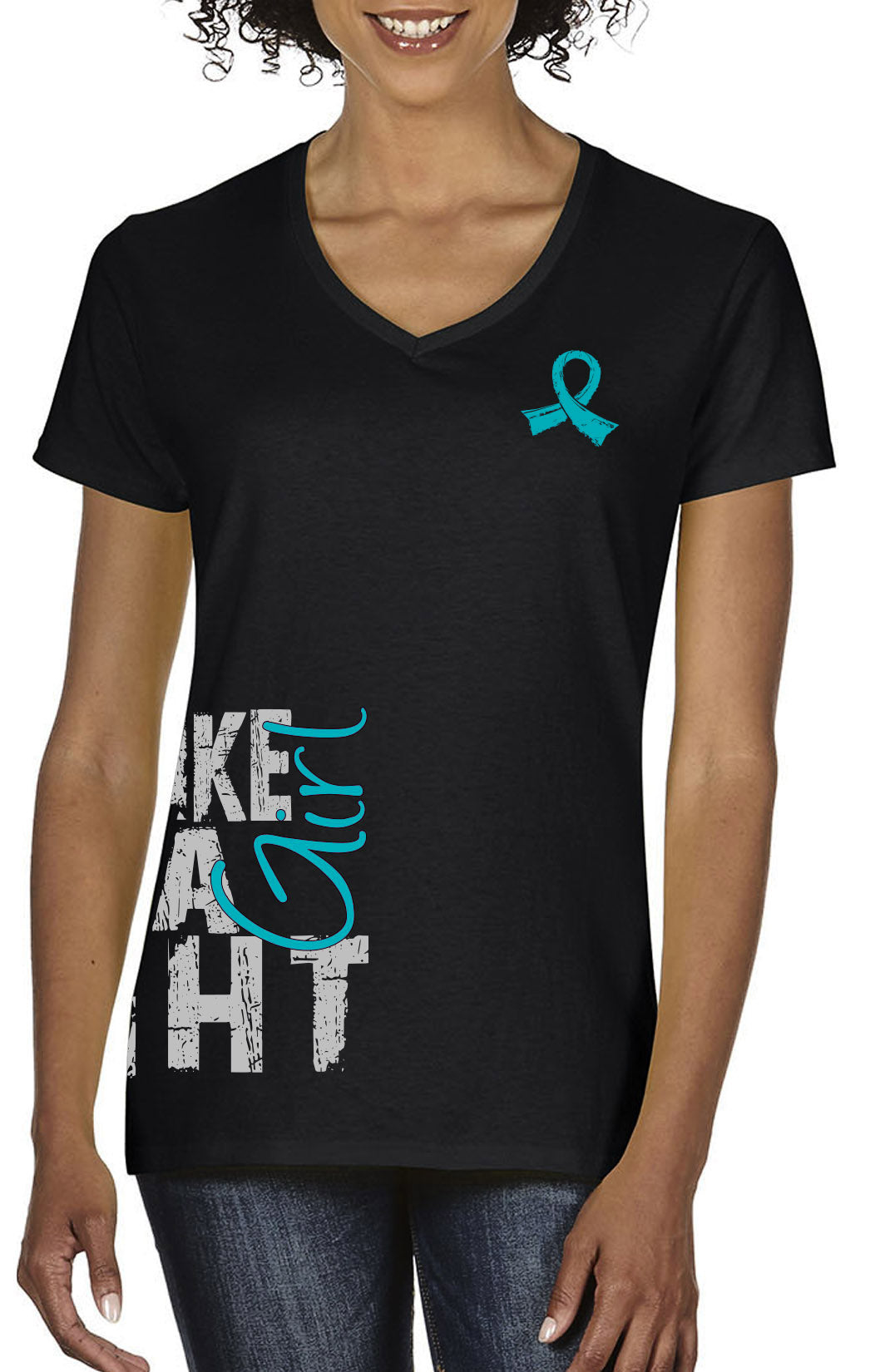 Fight Like a Girl Side Wrap v1 Women's V-Neck T-Shirt - Black w/ Teal