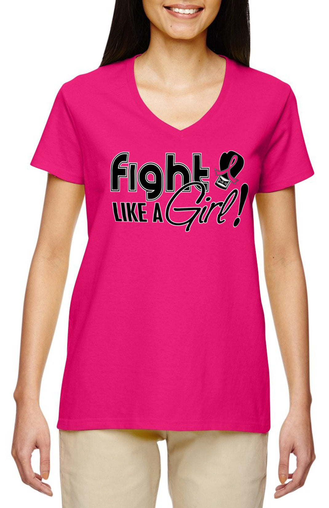 Fight Like a Girl Signature Women's V-Neck T-Shirt - Hot Pink