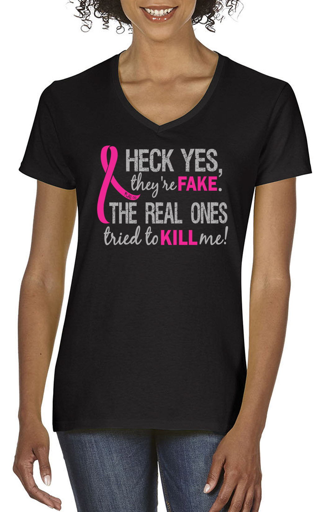 Heck Yes, They're Fake Women's V-Neck T-Shirt - Black w/ Pink