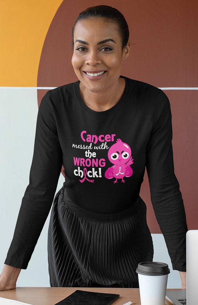 "Messed with the Wrong Chick" Ladies Long-Sleeved T-Shirt - Black w/ Pink