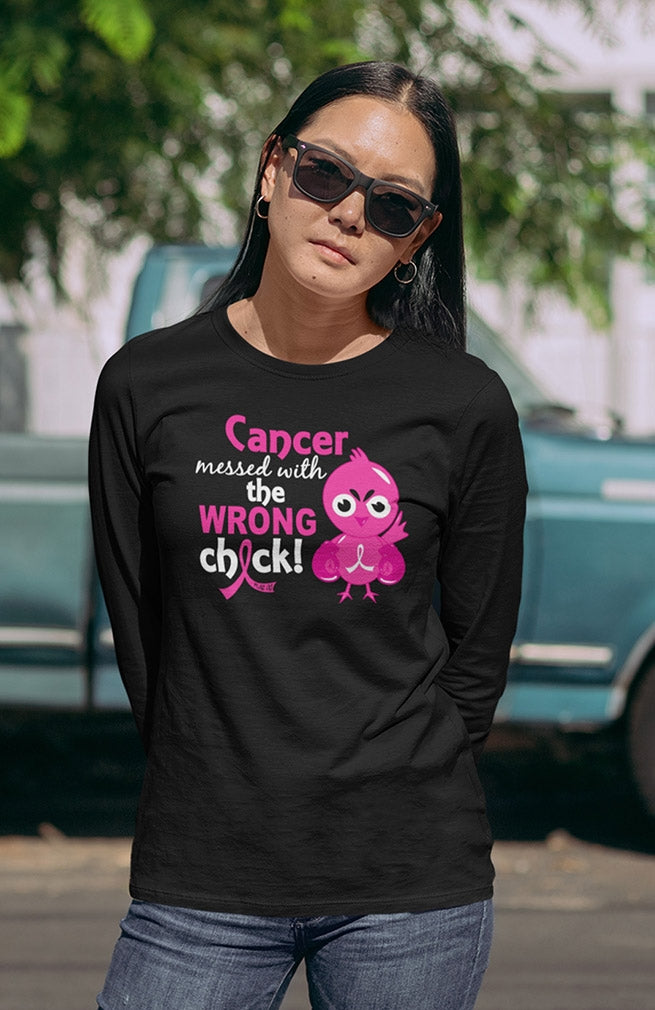 "Messed with the Wrong Chick" Ladies Long-Sleeved T-Shirt - Black w/ Pink