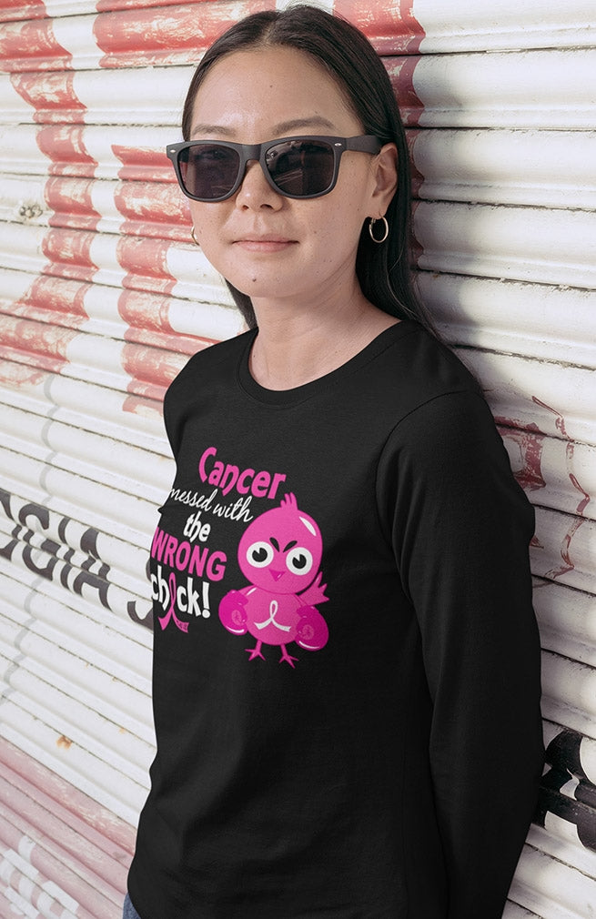 "Messed with the Wrong Chick" Ladies Long-Sleeved T-Shirt - Black w/ Pink