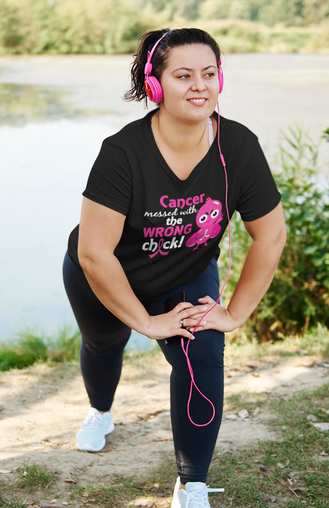 "Messed with the Wrong Chick" Ladies V-Neck T-Shirt - Black w/ Pink