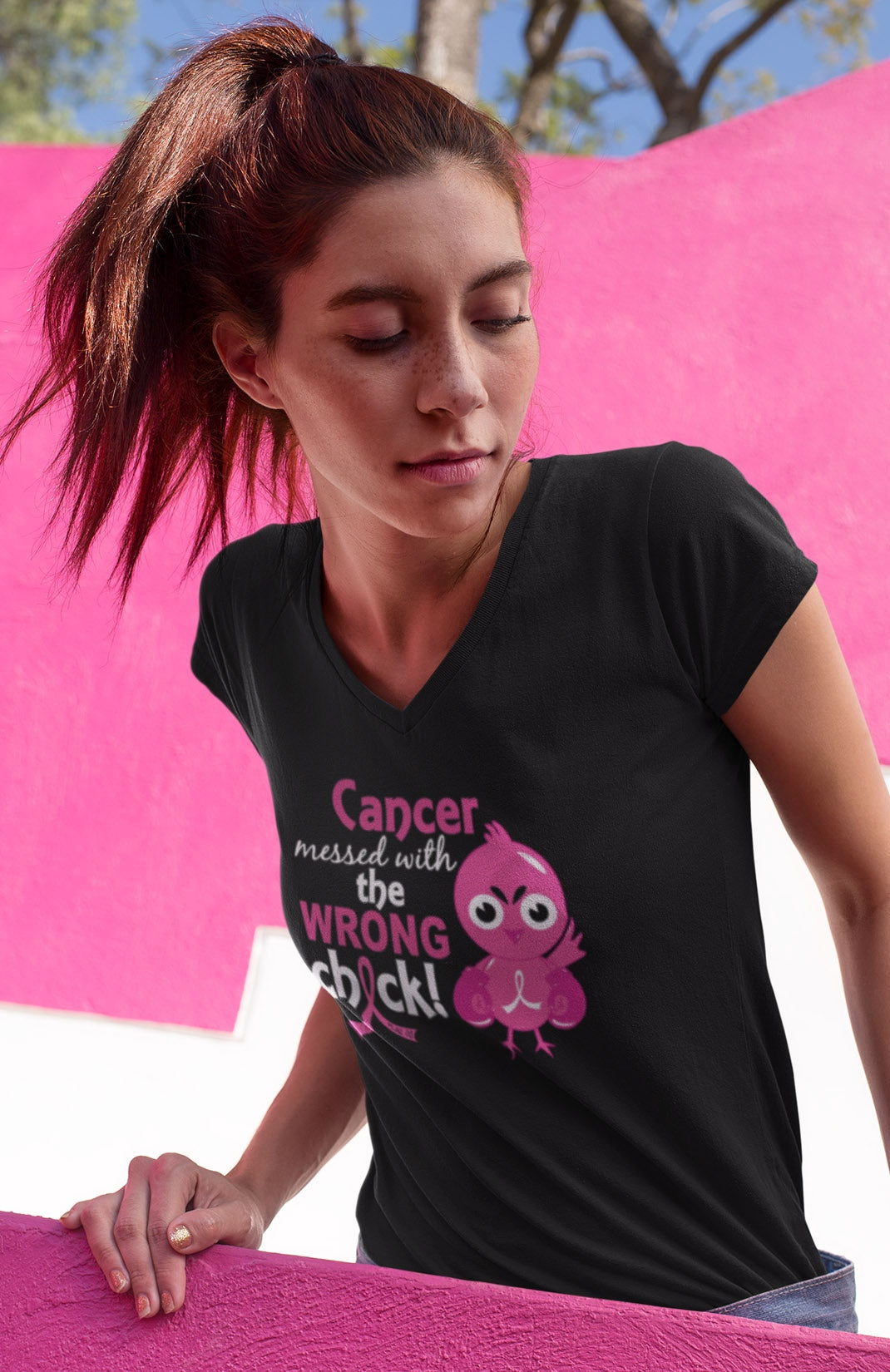 "Messed with the Wrong Chick" Ladies V-Neck T-Shirt - Black w/ Pink