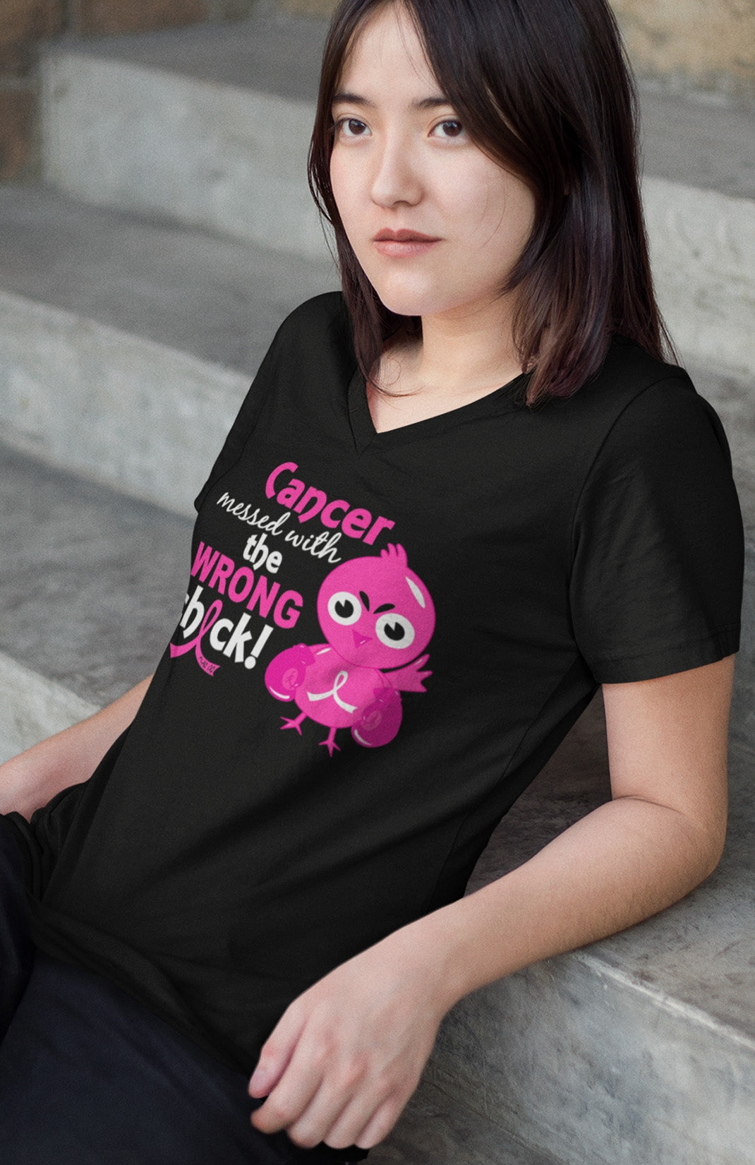 "Messed with the Wrong Chick" Ladies V-Neck T-Shirt - Black w/ Pink