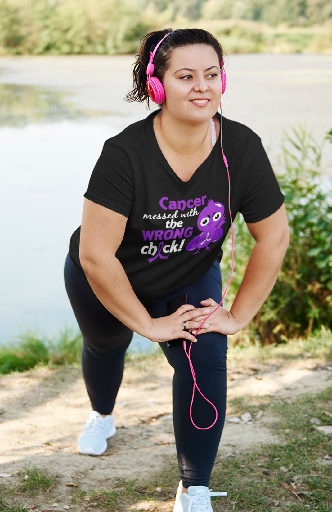 "Messed with the Wrong Chick" Ladies V-Neck T-Shirt - Black w/ Purple