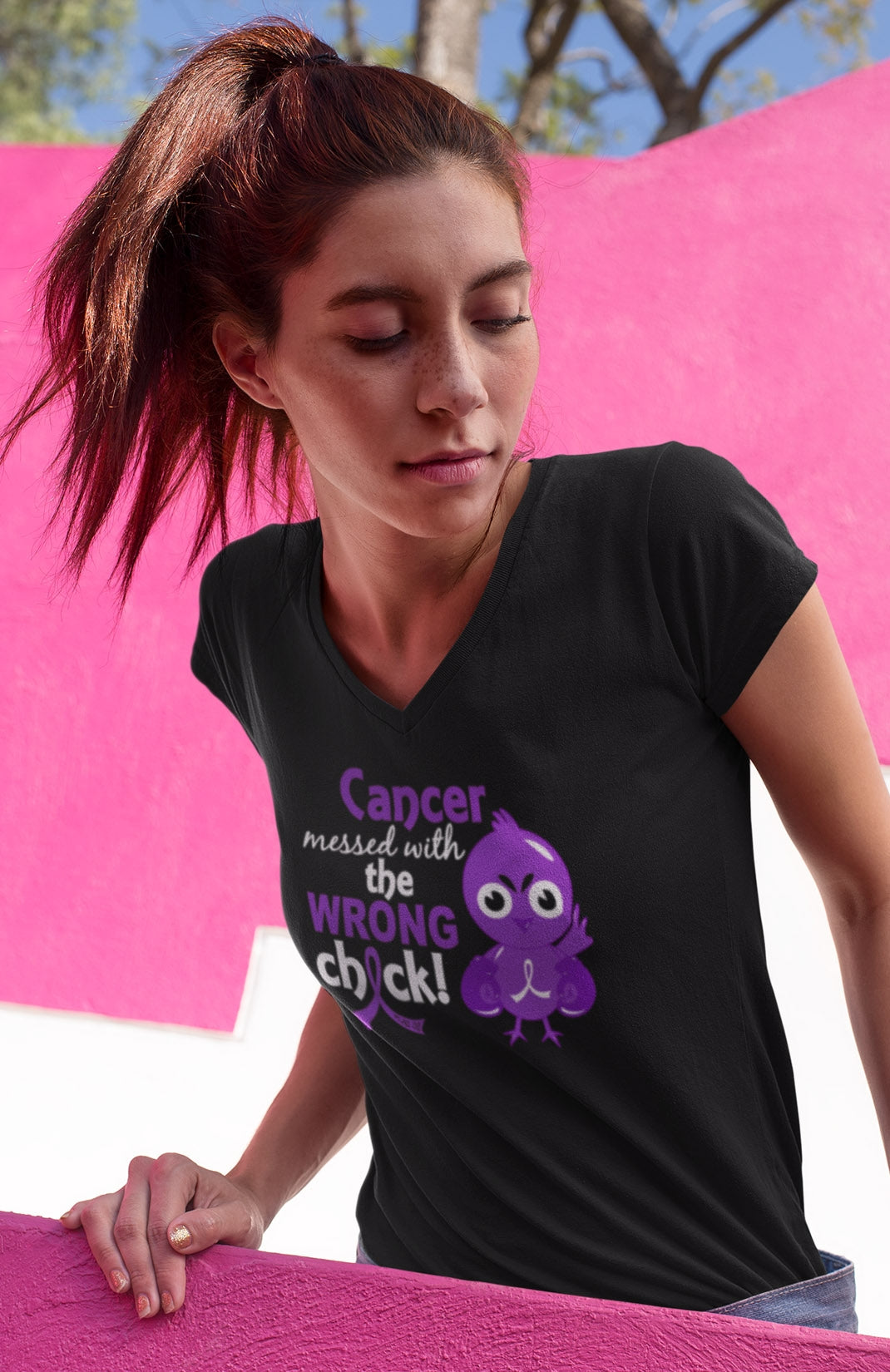 "Messed with the Wrong Chick" Ladies V-Neck T-Shirt - Black w/ Purple