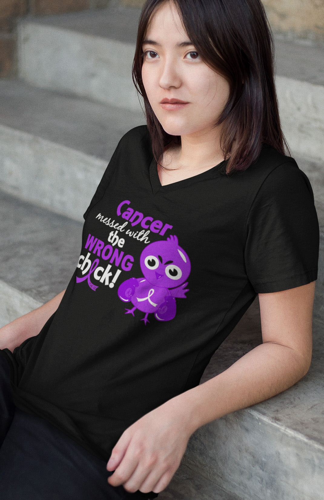 "Messed with the Wrong Chick" Ladies V-Neck T-Shirt - Black w/ Purple