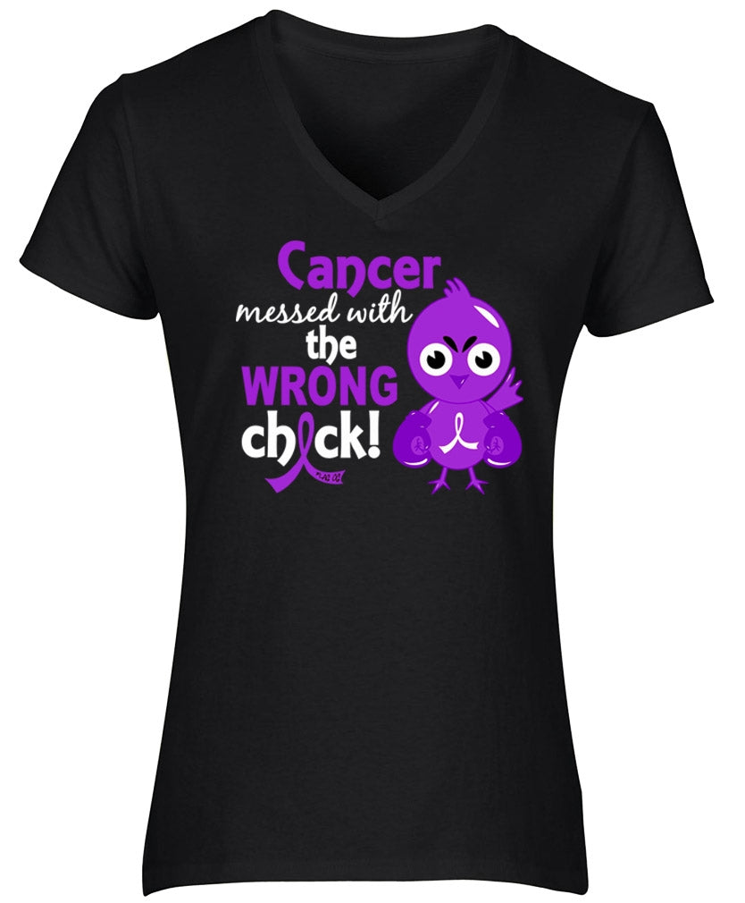 "Messed with the Wrong Chick" Ladies V-Neck T-Shirt - Black w/ Purple