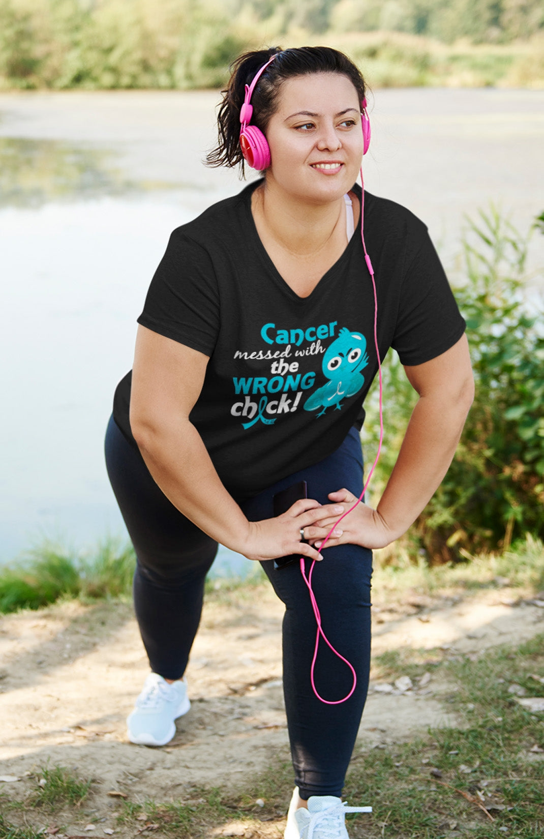 "Messed with the Wrong Chick" Ladies V-Neck T-Shirt - Black w/ Teal