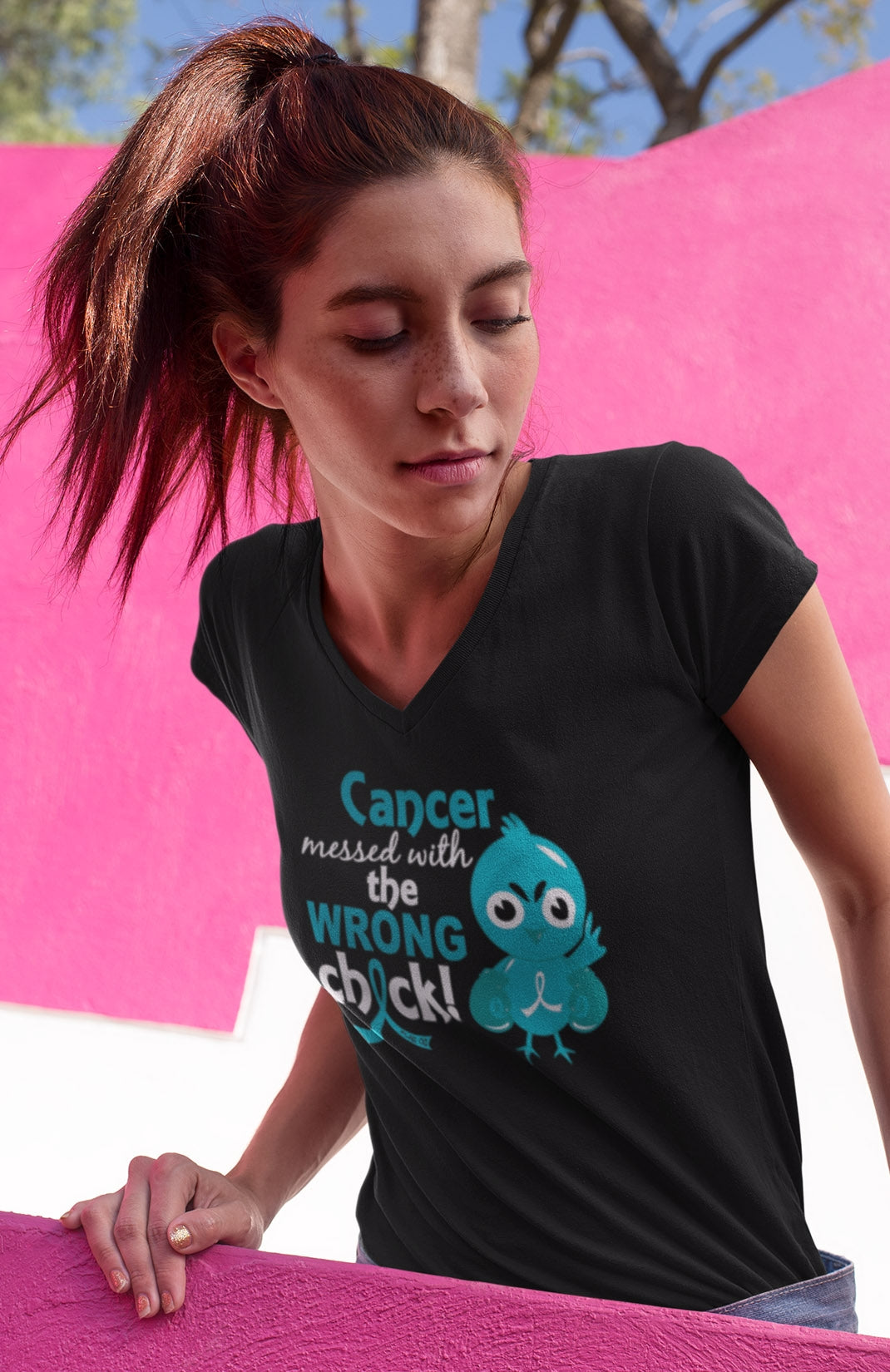 "Messed with the Wrong Chick" Ladies V-Neck T-Shirt - Black w/ Teal