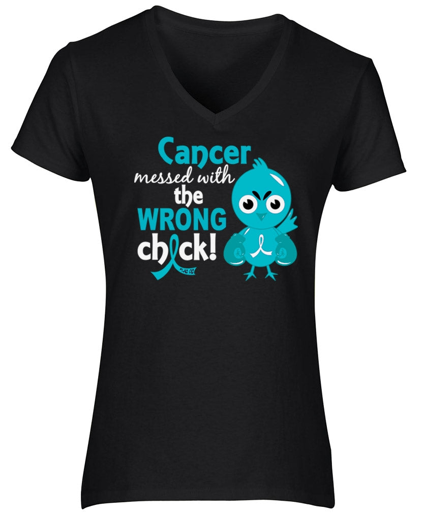 "Messed with the Wrong Chick" Ladies V-Neck T-Shirt - Black w/ Teal