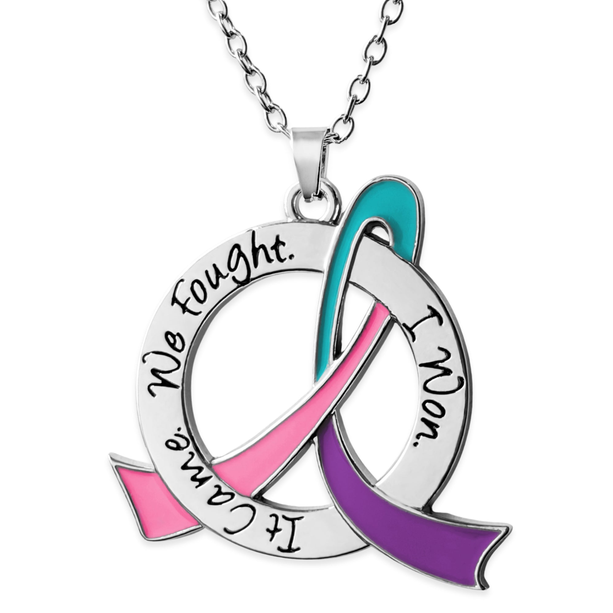 It Came We Fought I Won Awareness Ribbon Necklace - Teal/Purple/Pink