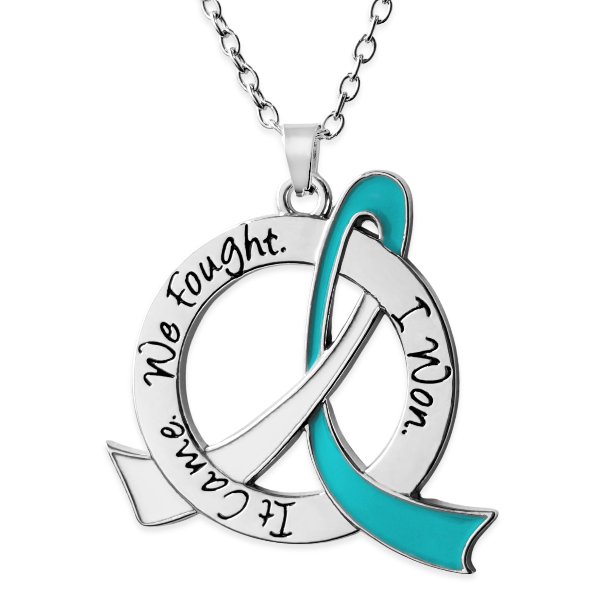 It Came We Fought I Won Awareness Ribbon Necklace - Teal/White