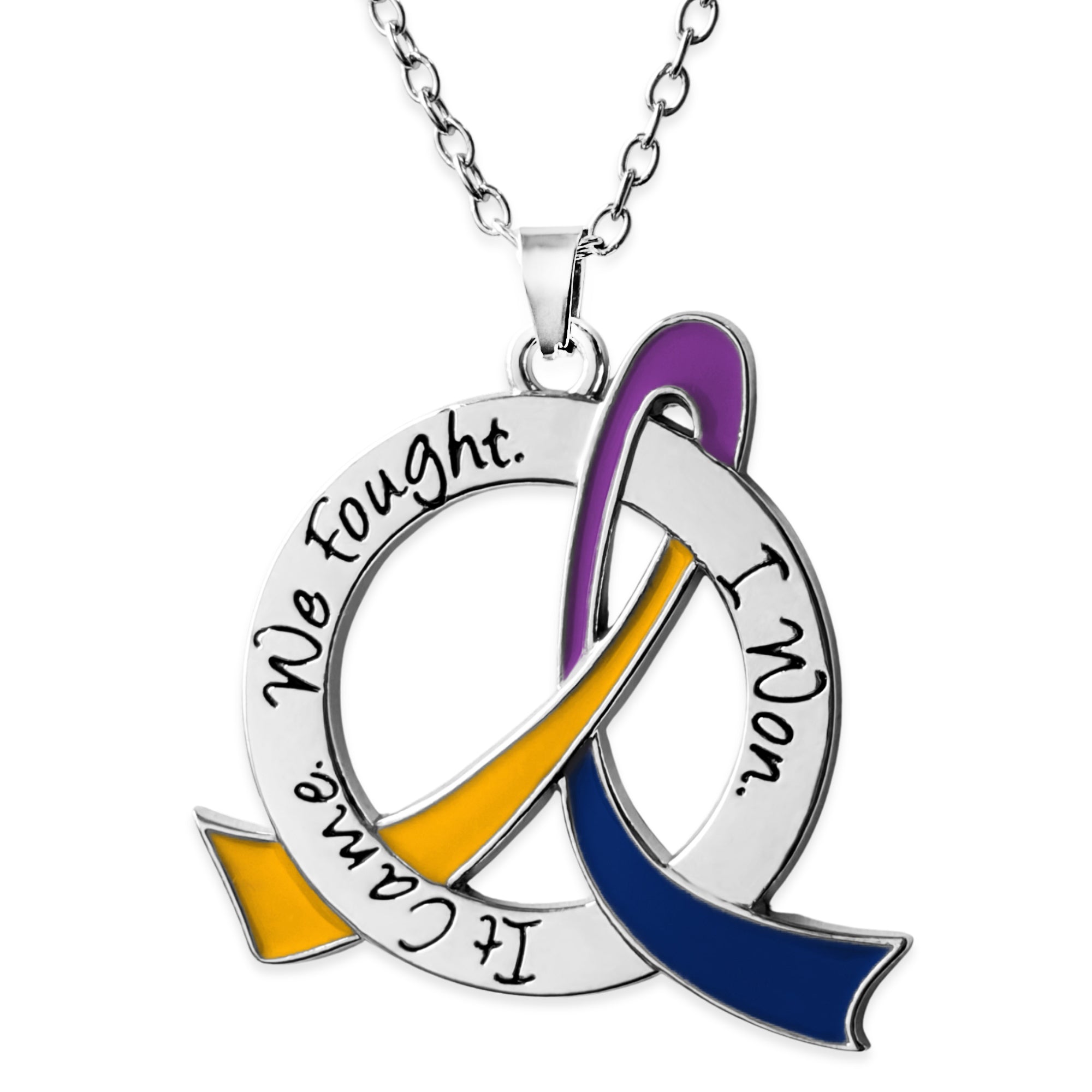 It Came We Fought I Won Awareness Ribbon Necklace - Blue/Purple/Marigold