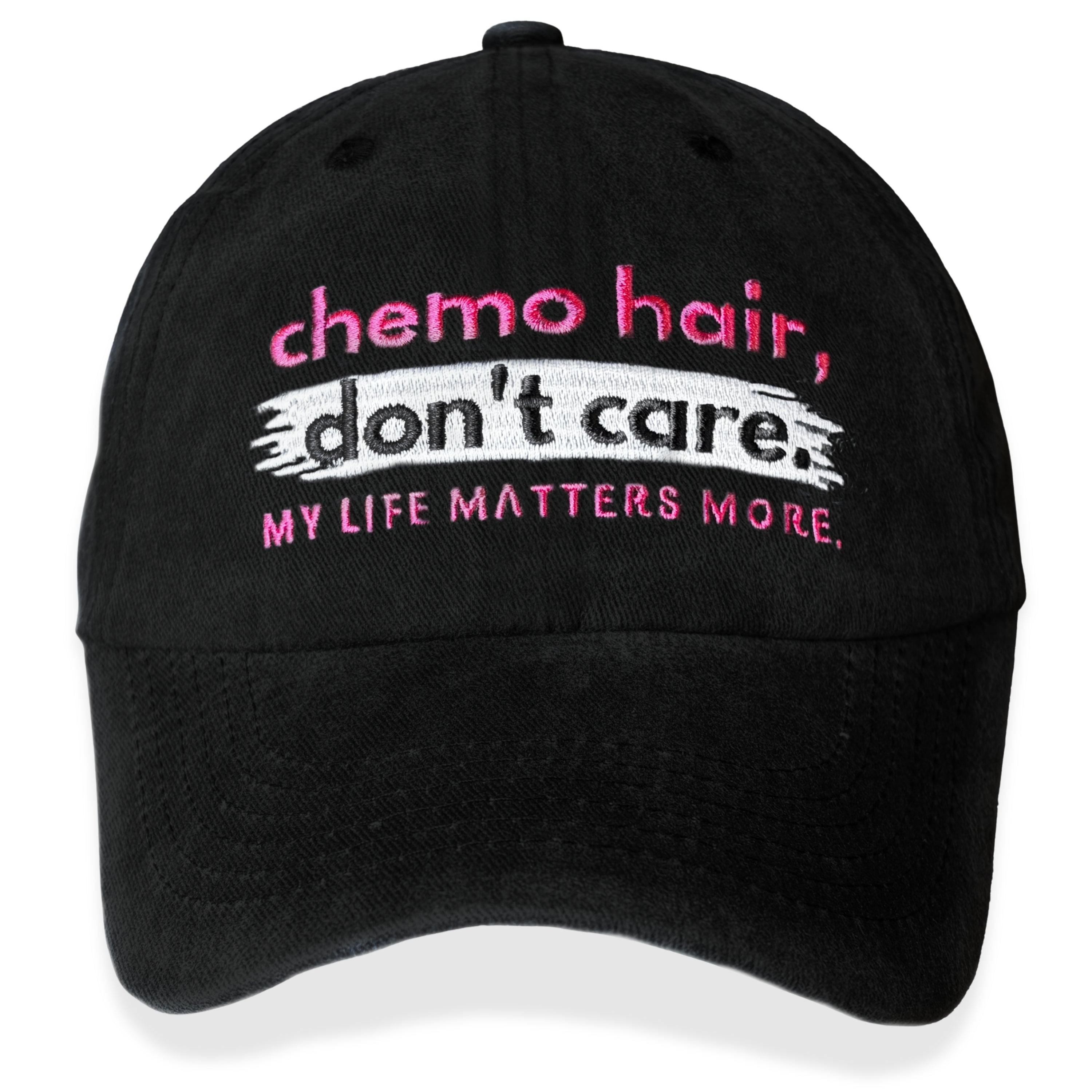 Chemo Hair Don't Care Embroidered Cap - Black w/ Pink