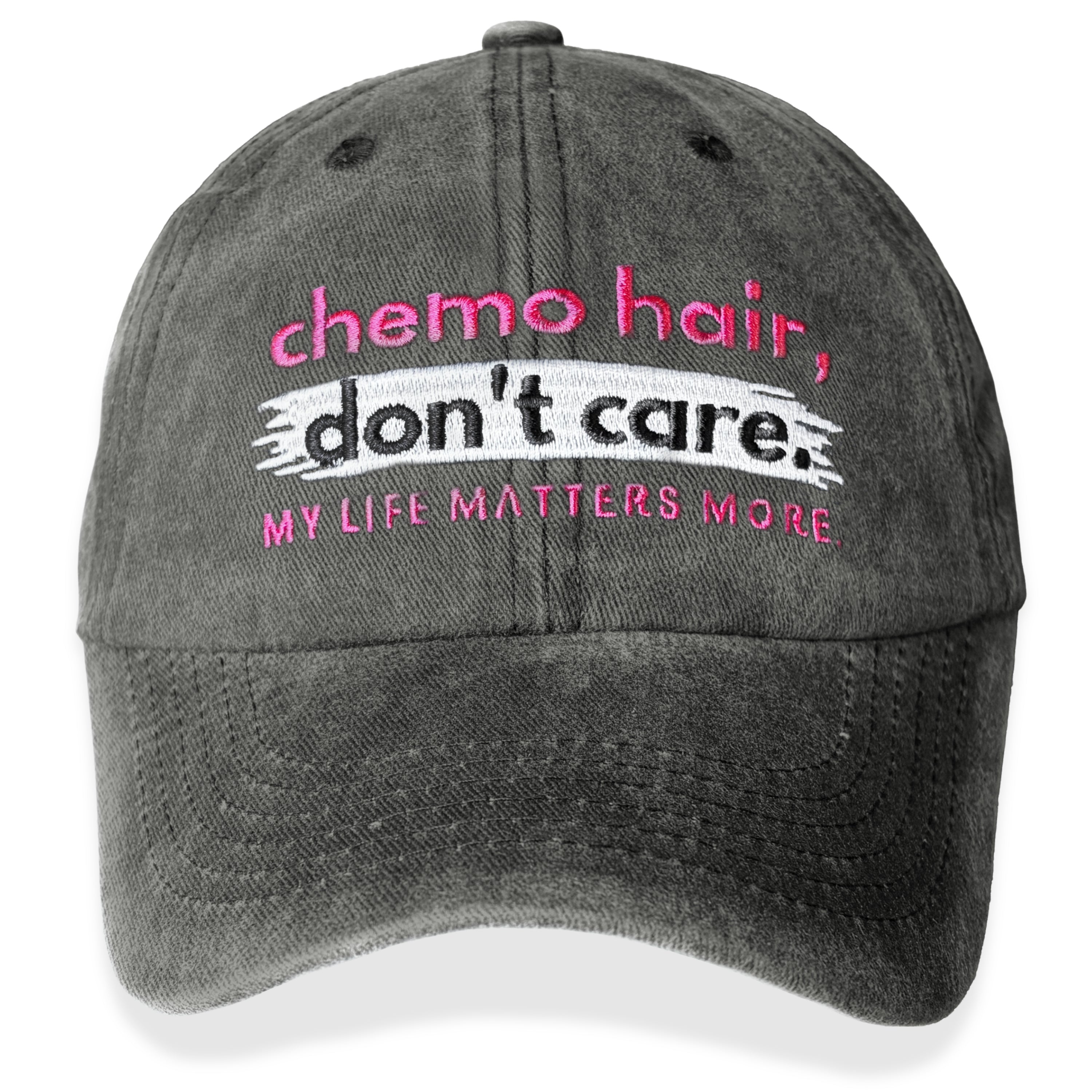 Chemo Hair Don't Care Embroidered Cap - Washed Black w/ Pink