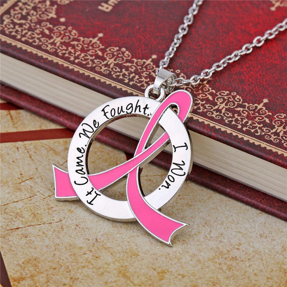 Breast Cancer Survivor Necklace It Came We Fought I Won - Pink