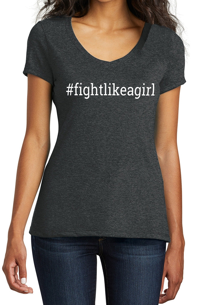 "Fight Like a Girl Hashtag" Ladies' V-Neck T-Shirt - Black Frost