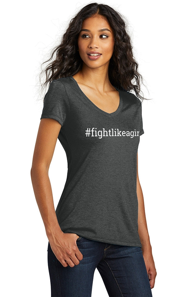 "Fight Like a Girl Hashtag" Ladies' V-Neck T-Shirt - Black Frost