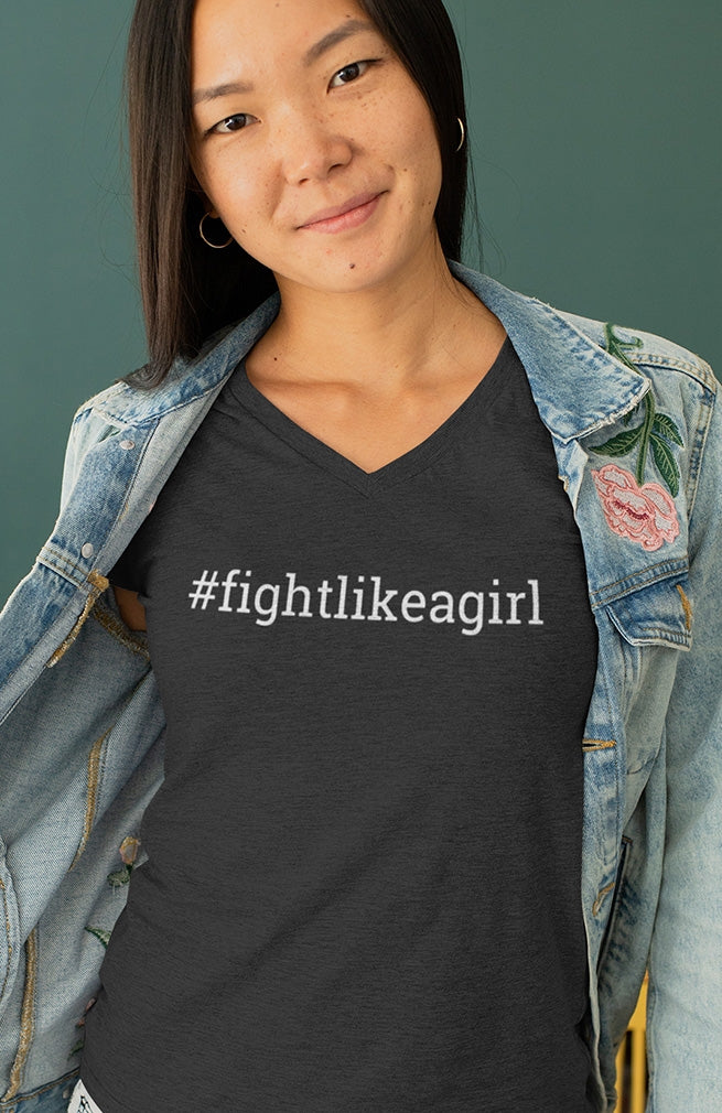 "Fight Like a Girl Hashtag" Ladies' V-Neck T-Shirt - Black Frost