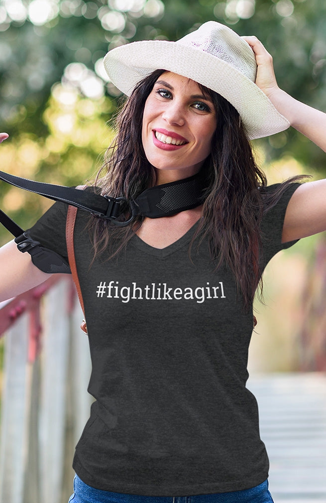 "Fight Like a Girl Hashtag" Ladies' V-Neck T-Shirt - Black Frost