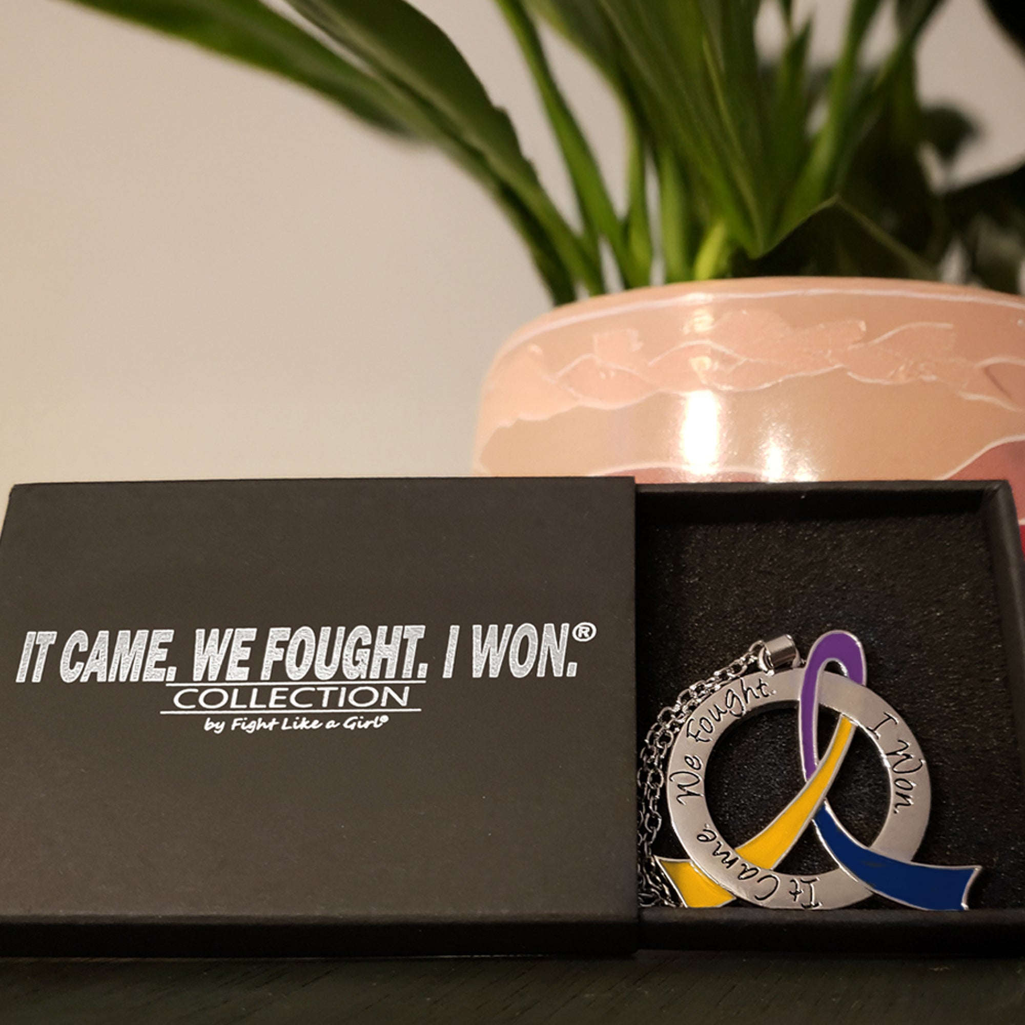It Came We Fought I Won Awareness Ribbon Necklace - Blue/Purple/Marigold