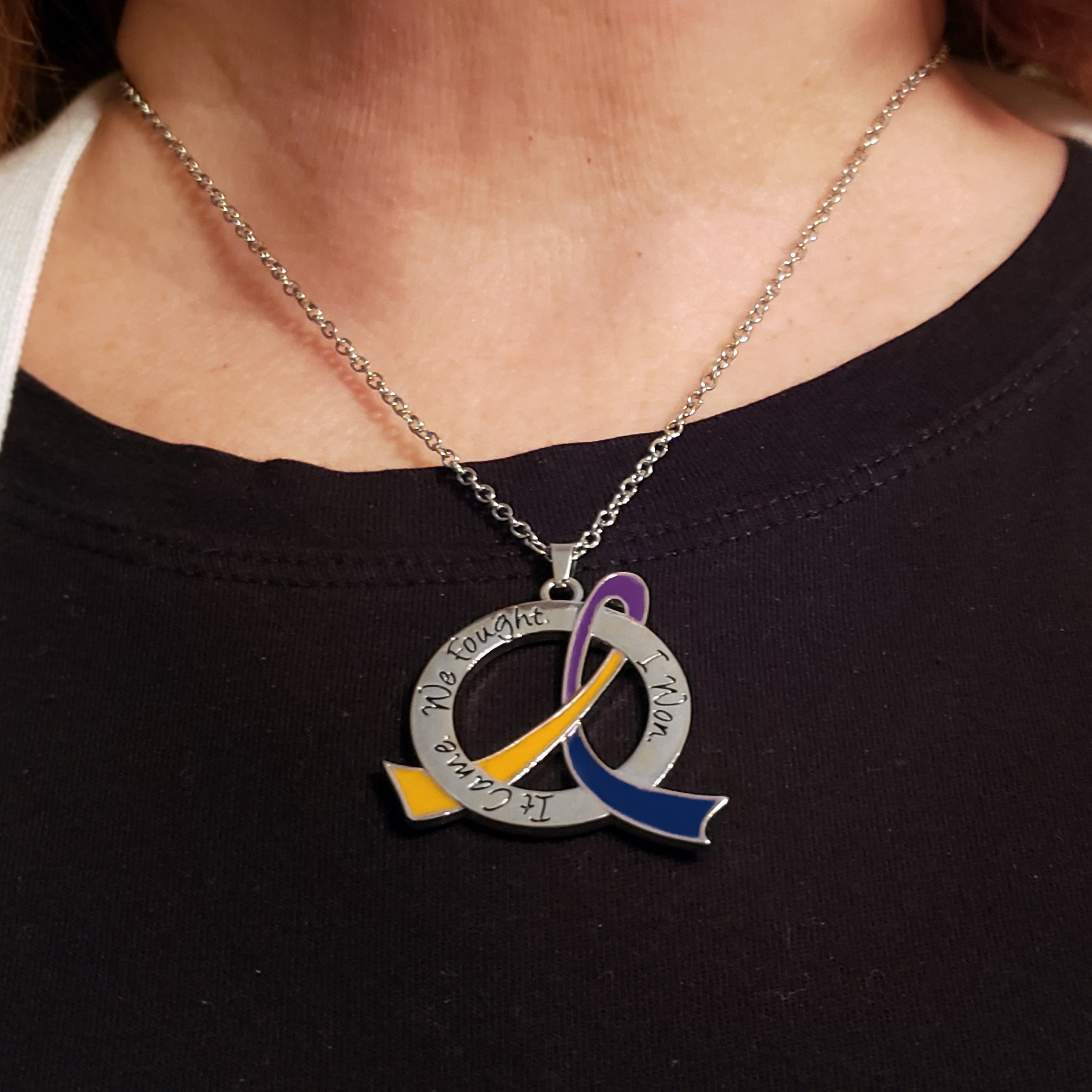 It Came We Fought I Won Awareness Ribbon Necklace - Blue/Purple/Marigold